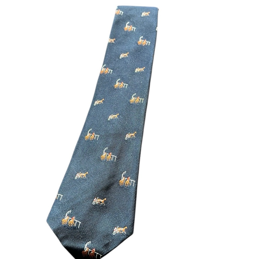 A.M. Burns Vintage Silk Tie Horse Racing Jockey Navy Blue Equestrian Necktie